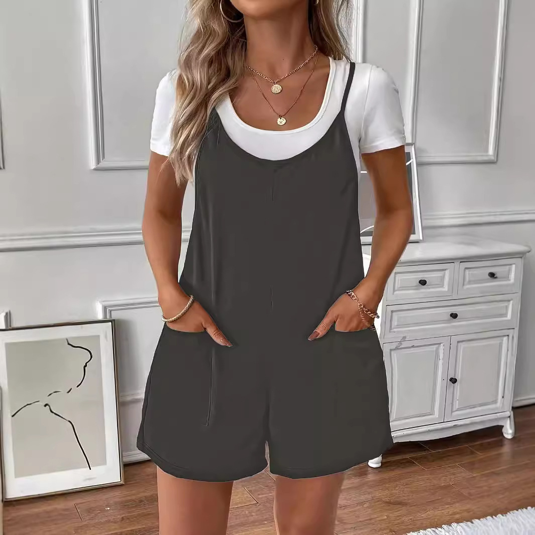 Solid Color Pocket Cami Romper Loose Casual Jumpsuit