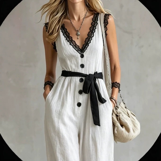 High-Waist Straight-Leg Wide-Leg Jumpsuit with Drape, Slimming, White