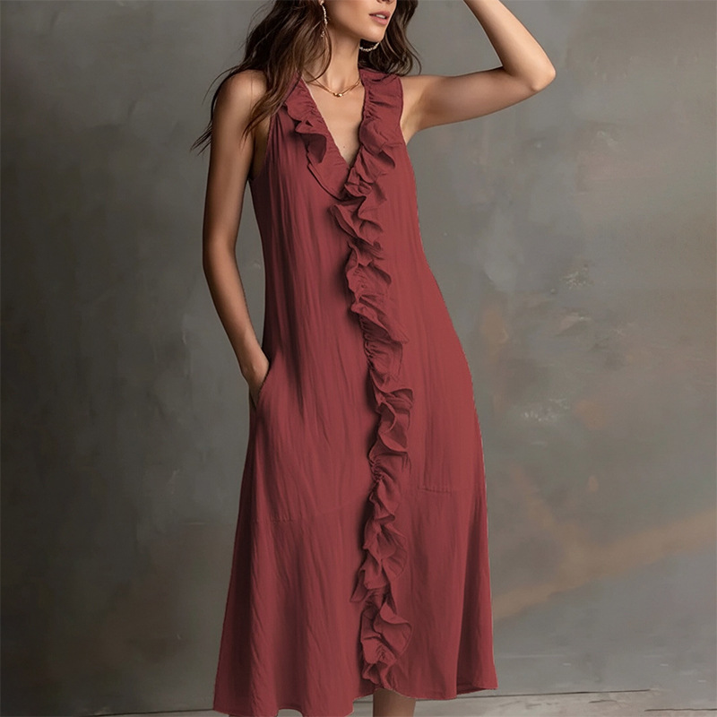 Women's Summer Sleeveless V-Neck Lace Trim Solid Color Loose Casual Dress