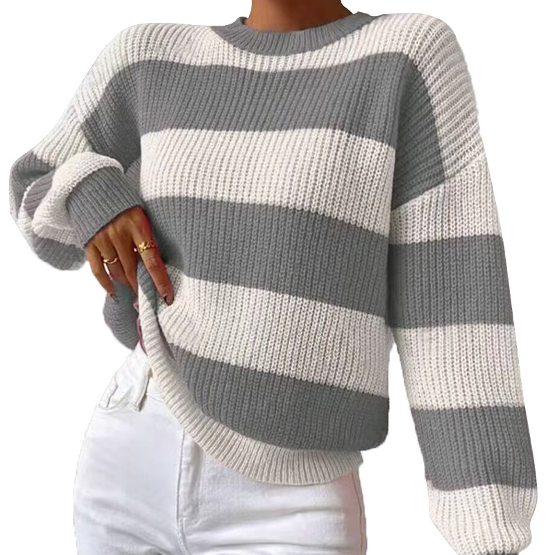 Striped Crewneck Pullover Sweater Loose Fit Long Sleeve Knit Top