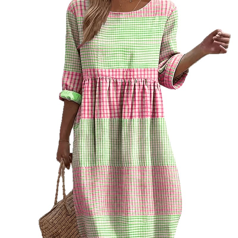 Women's Plaid Color-Block Floral Midi Dress with Pleated Details