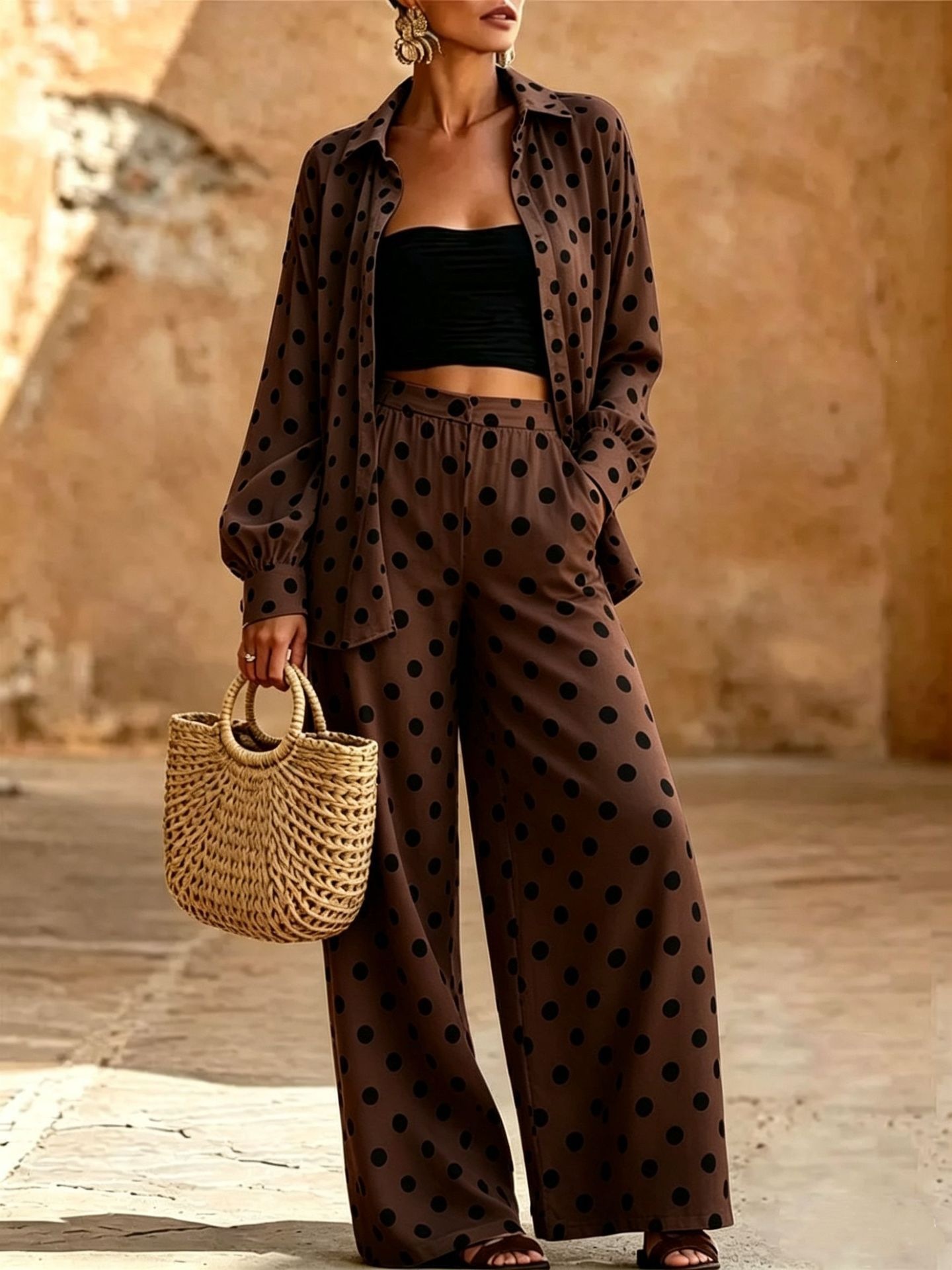 Women's Polka Dot Two-Piece Set with Wide-Leg Pants