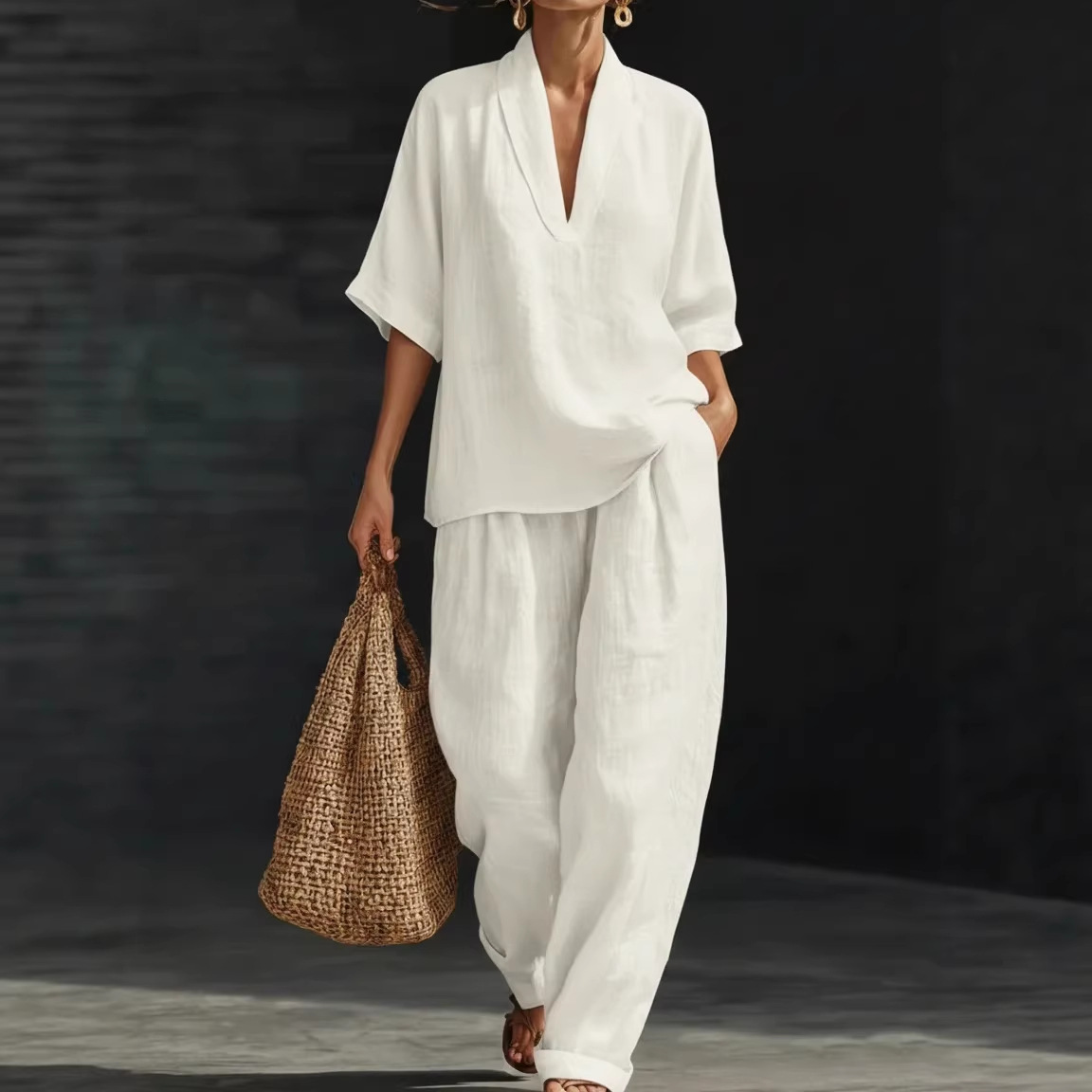 Women's Casual Linen Two-Piece Set Short Sleeve Tee & Pants