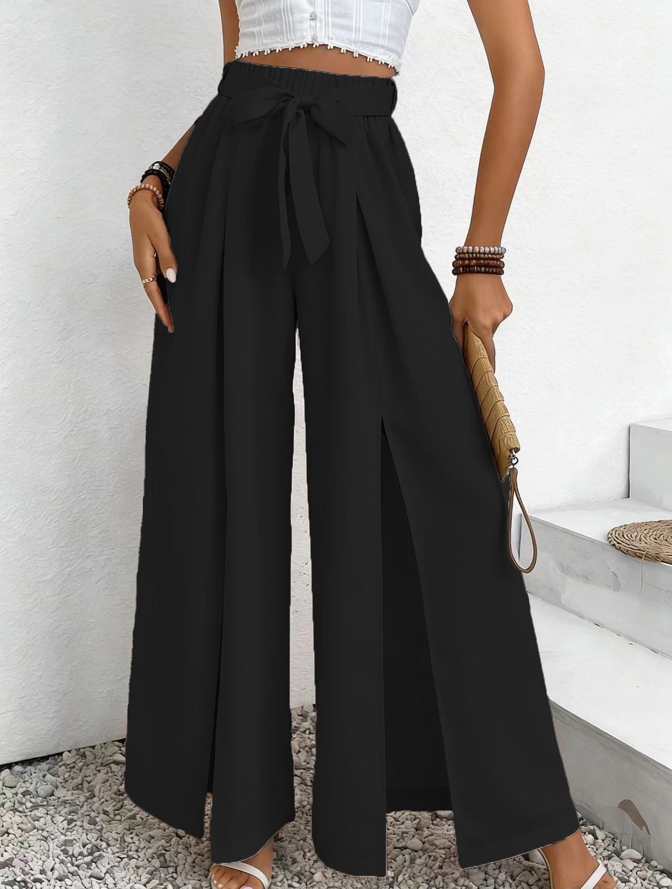 Women's High-Waist Wide-Leg Pants with Tie Belt