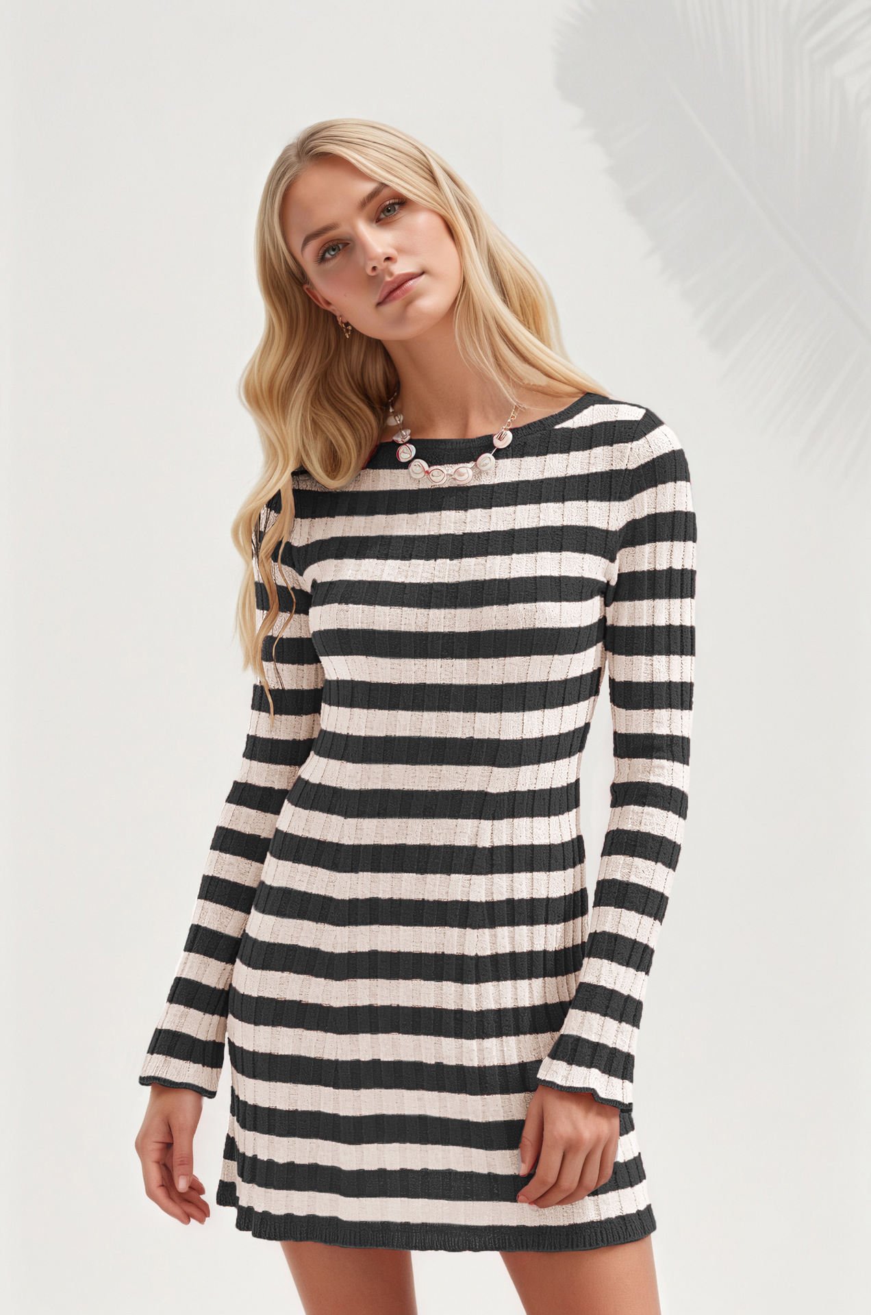 Striped Knit Sweater Dress Crewneck Long Sleeve High Waist