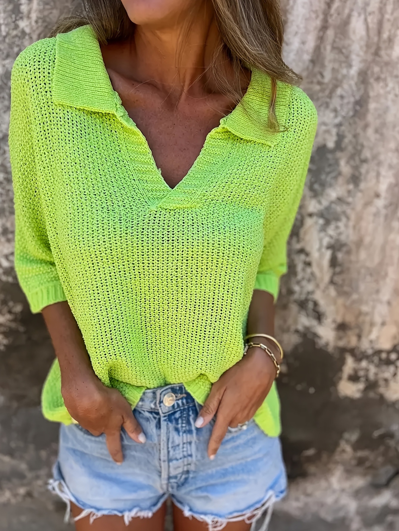 Women's Summer Collared Knit Top Seven-Sleeve Solid Color Pullover