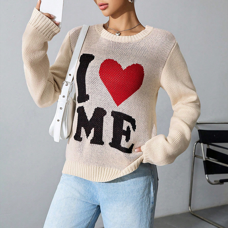 Heart Jacquard Knit Sweater Loose Crewneck Pullover Long Sleeve