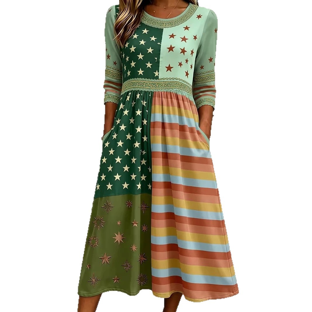 Women's Colorblock Plaid Star Print Ruched Midi Dress