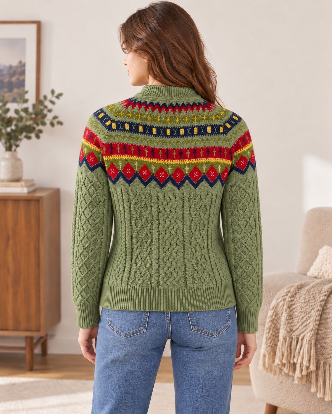 Fair Isle Jacquard Cable Knit Half-Turtleneck Sweater Women Loose Pullover