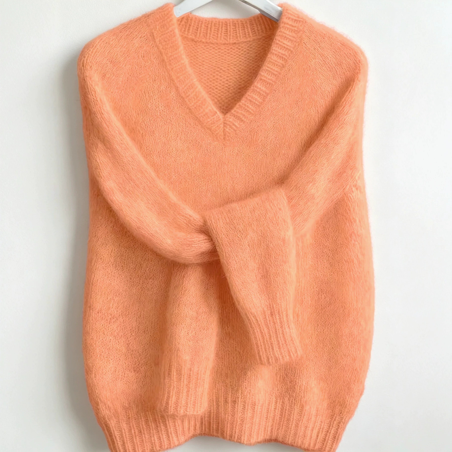 Women's V-Neck Wool Knit Sweater Soft Solid Color Pullover