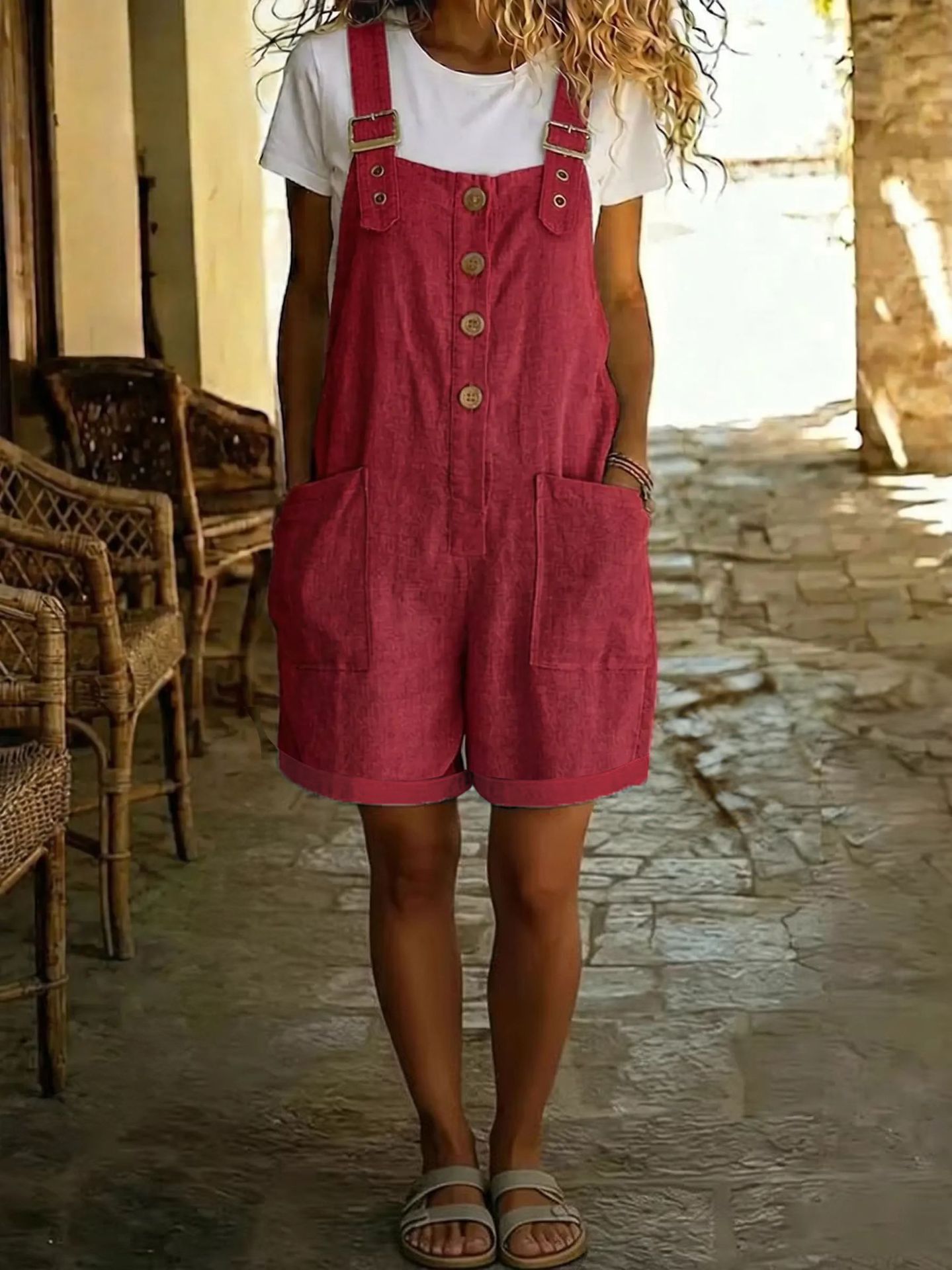 Women's Cotton-Linen Solid Color Vintage Straight-Leg Overall Shorts with Pockets