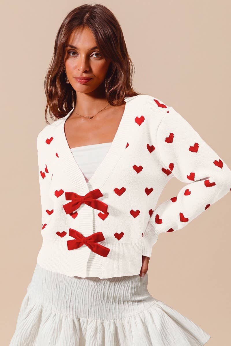 V-Neck Heart Knit Cardigan with Bow Buttons