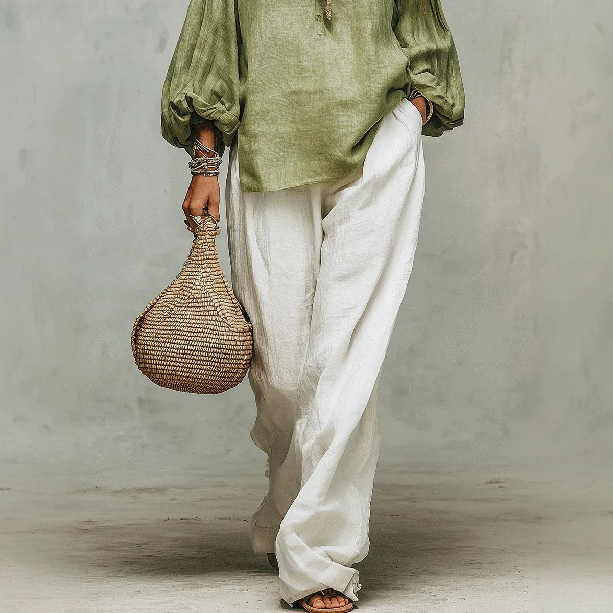 Women's Casual Wide-Leg Two-Piece Set with Long Sleeve Top and Irregular Long Skirt, Loose Fit, Green