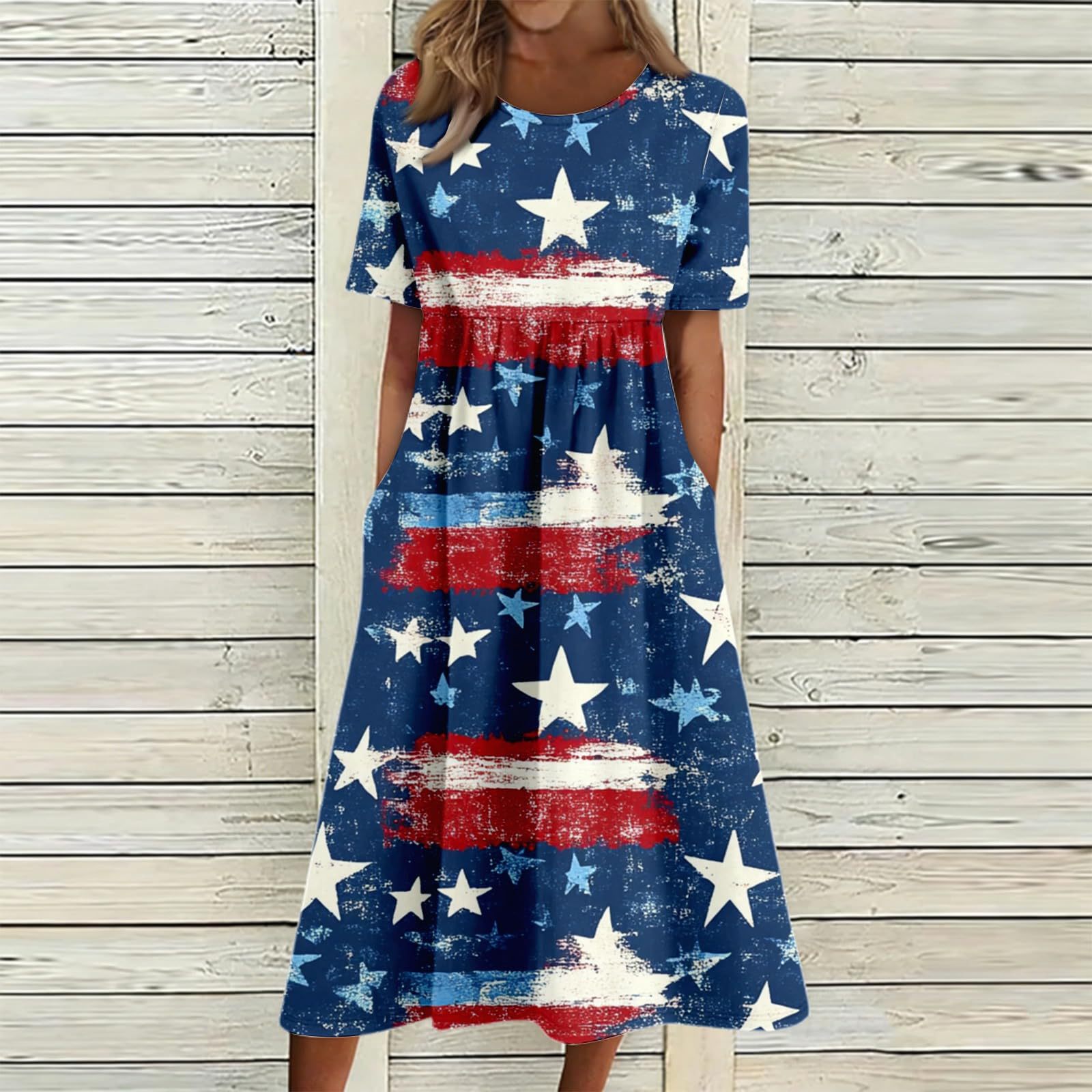 Women's Star Floral Print Ruched Midi Dress Short Sleeve Crew Neck