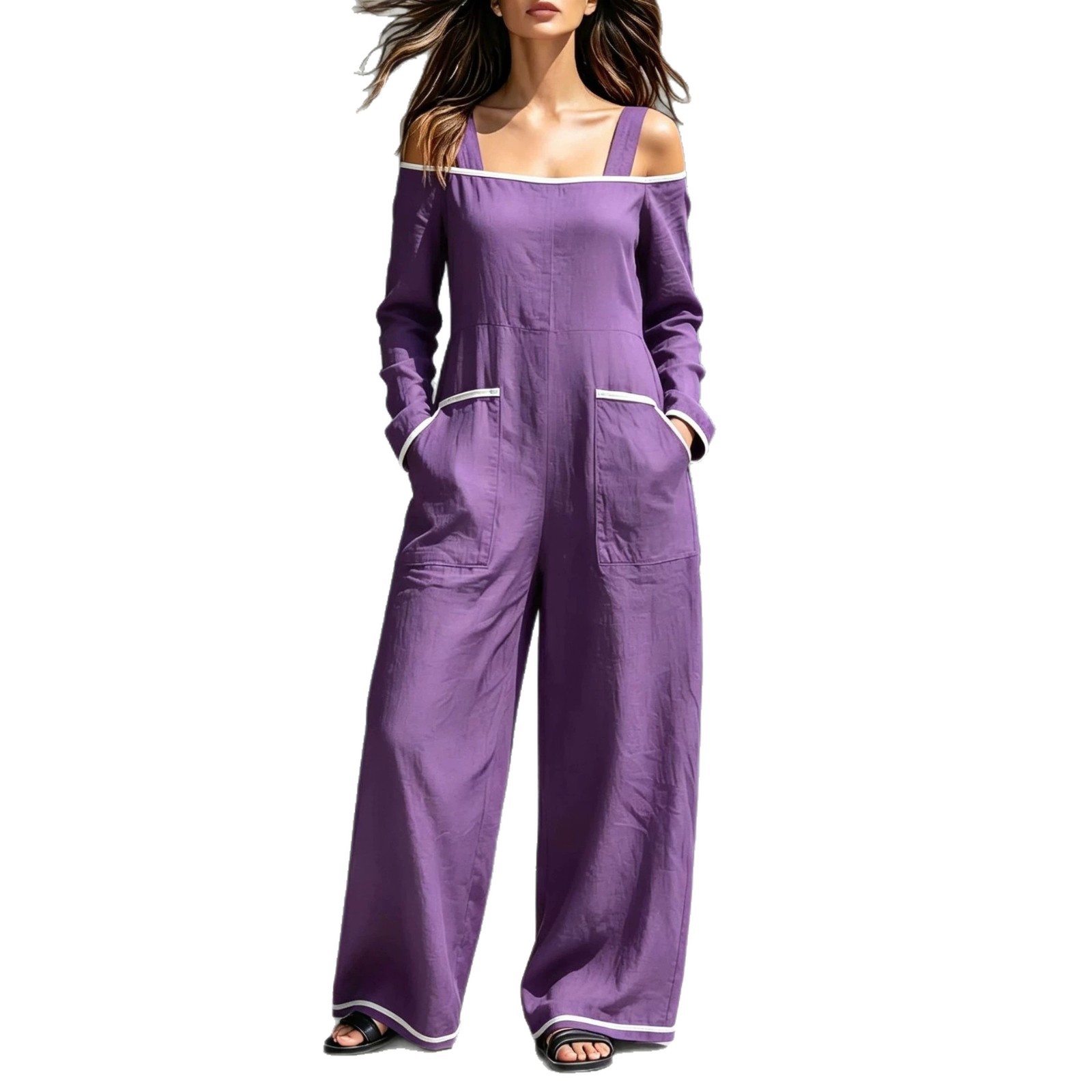 Off-Shoulder Colorblock Wide-Leg Jumpsuit with Pockets