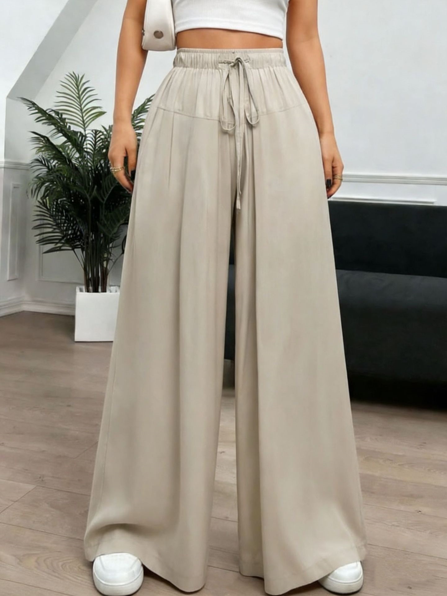 Women's High-Waist Wide-Leg Pants with Elastic Waistband, Lightweight