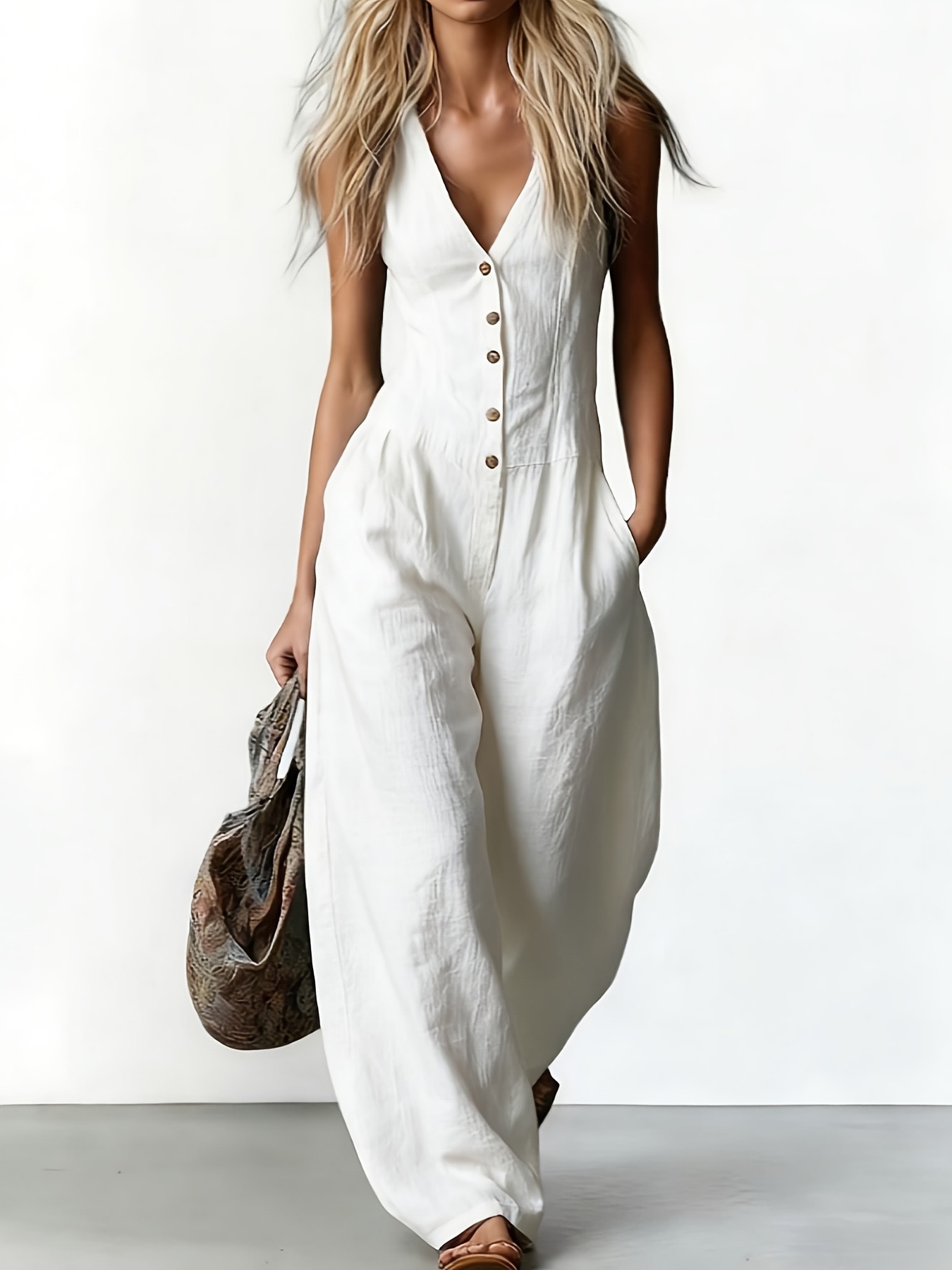 V-Neck Button Sleeveless Wide-Leg Jumpsuit