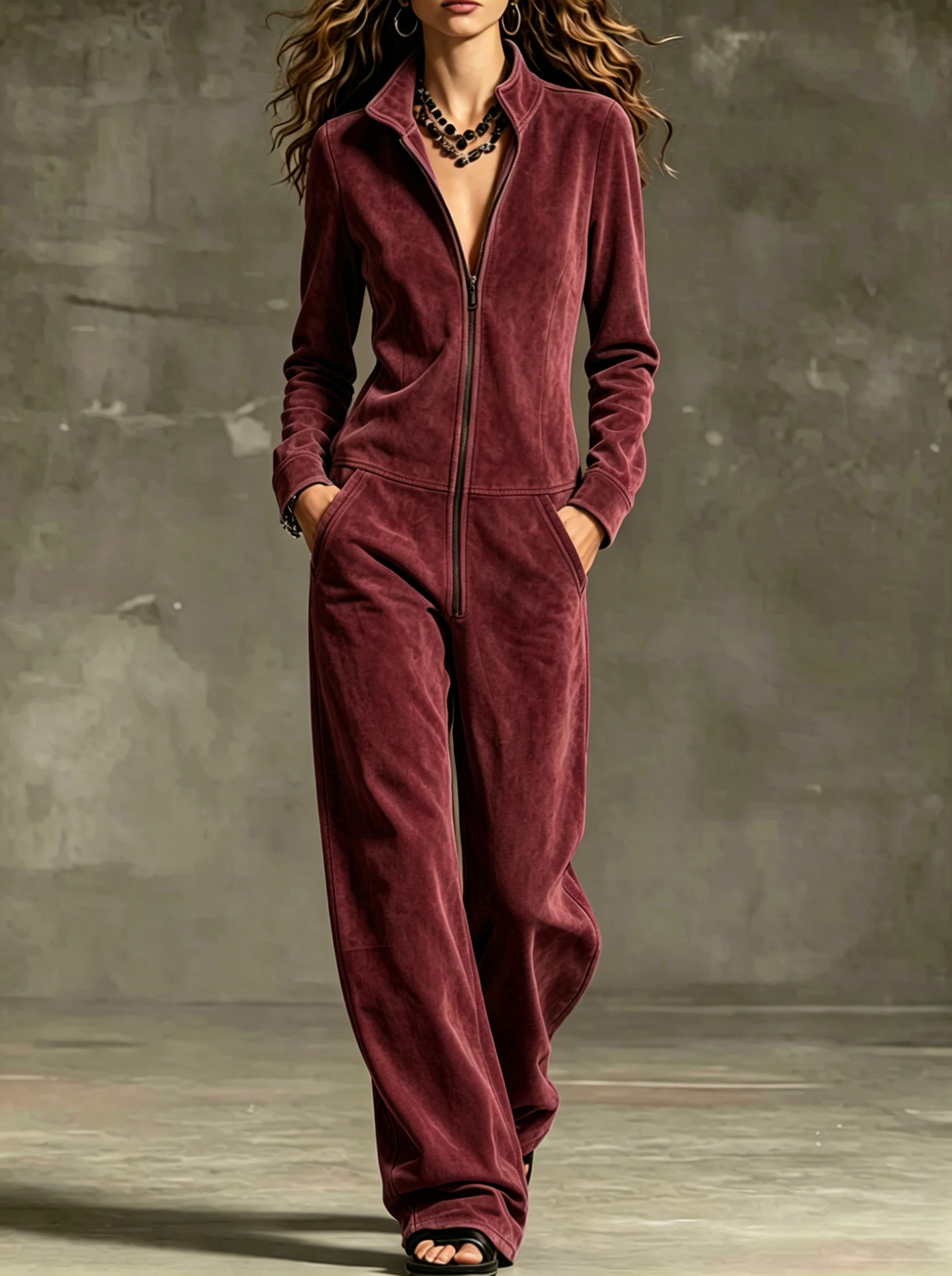 Suede Jumpsuit with Stand Collar, Front Zip, Pockets, Wide Leg