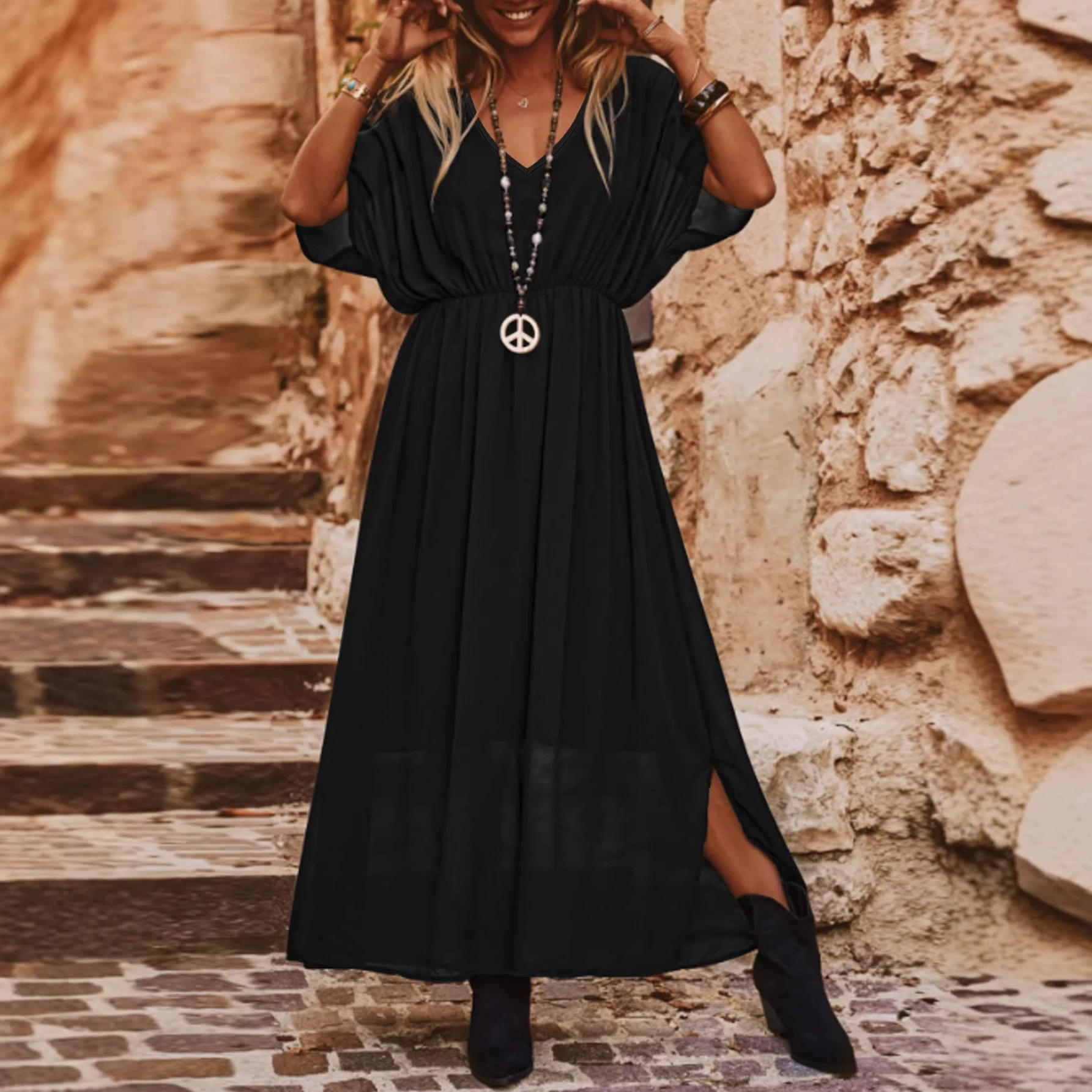Plus Size Batwing Sleeve V-Neck Maxi Dress