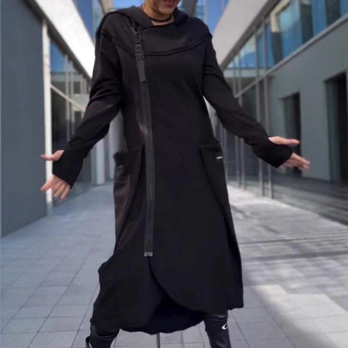 Solid Color Zip Pocket Asymmetrical Long Hoodie for Women
