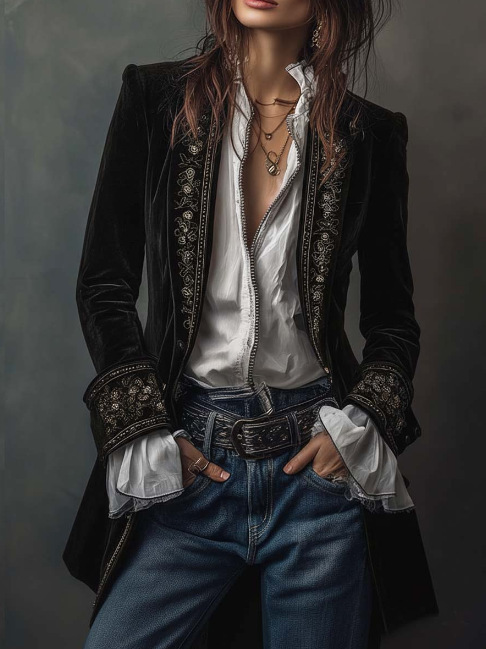 Women's Long Sleeve Velvet Lace-Trim Colorblock Jacket