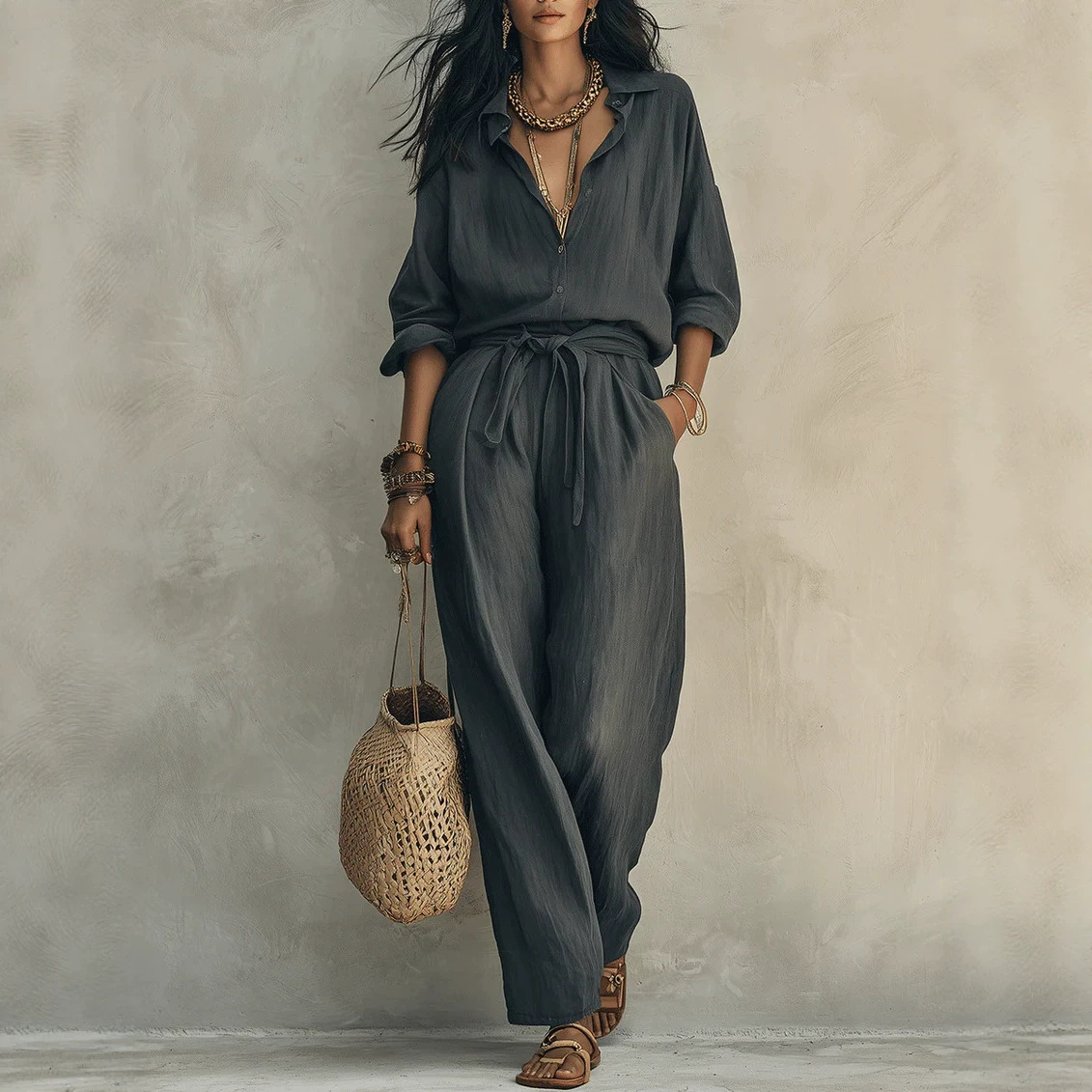 Textured Crinkle Wide-Leg Shirt and Pants Set with Tie