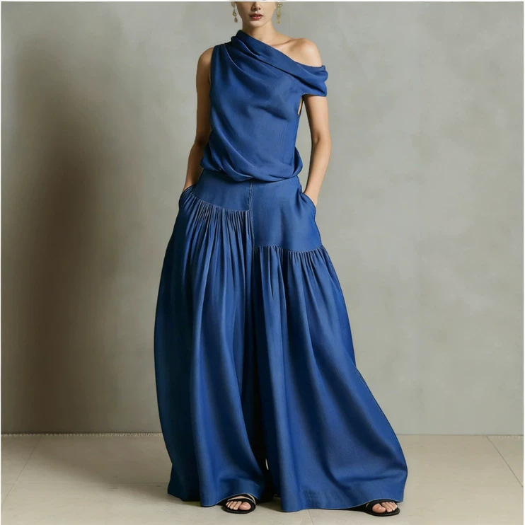 Sleeveless High-Waist Pleated Linen-Blend Skirt Set
