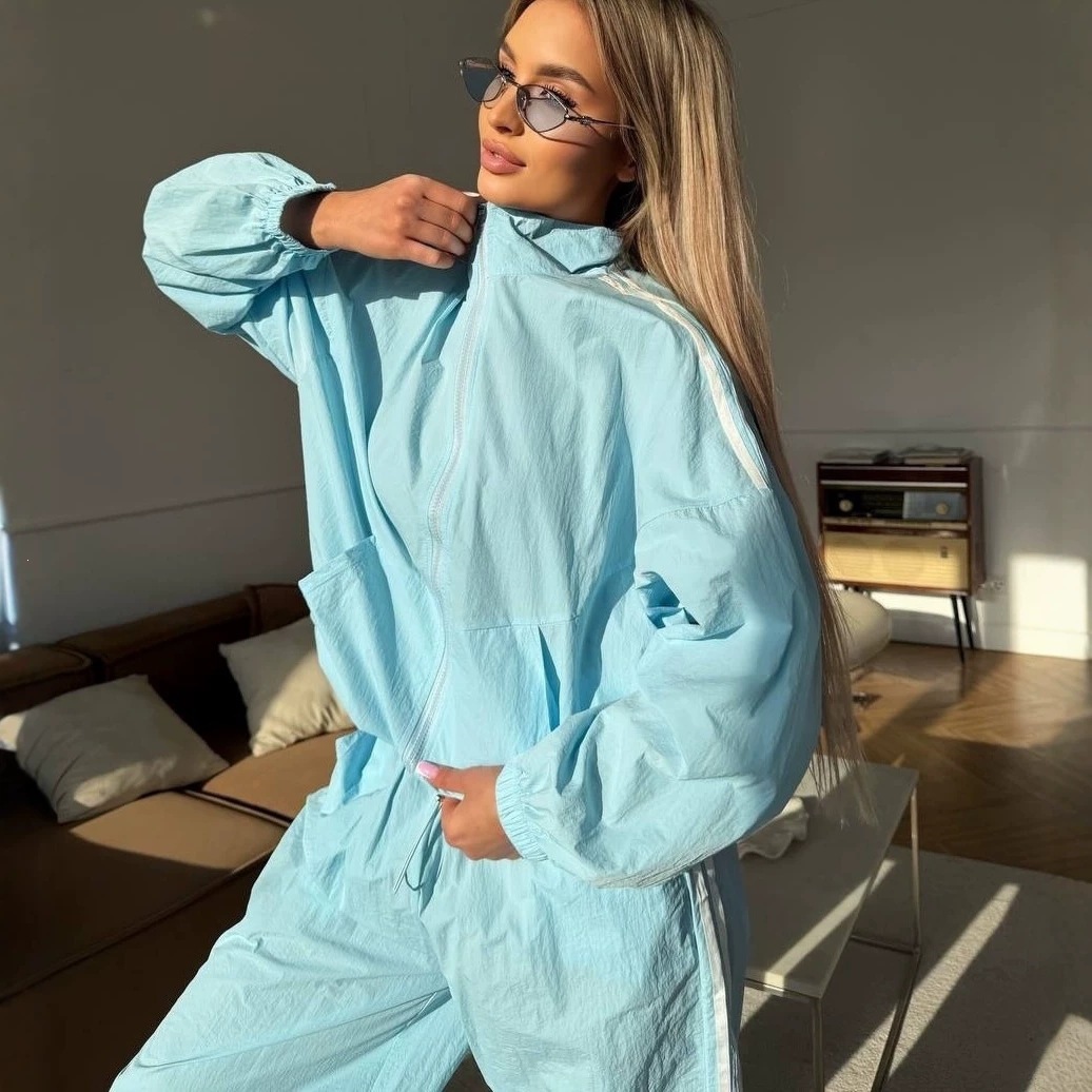 Women's Striped Zip-Up Sun Protection Two-Piece Set with High-Waist Wide-Leg Pants