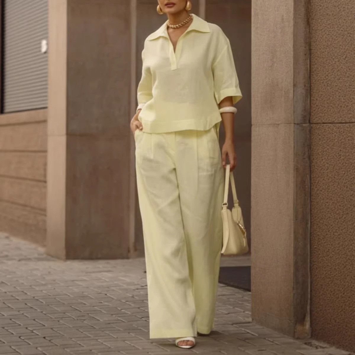 Women's Solid Color Two-Piece Wide-Leg Pants Set Slimming Versatile