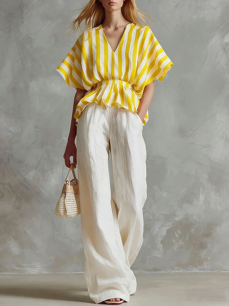 Red and White Striped Top with White Wide-Leg Pants Two-Piece Set