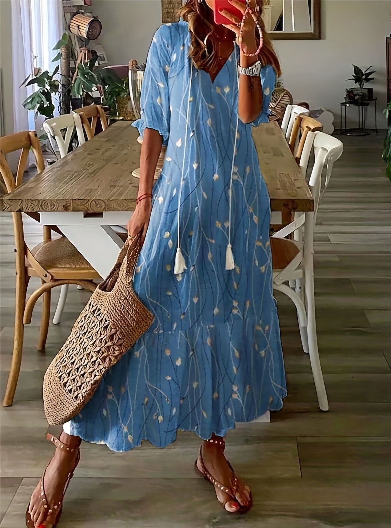 Women's Casual V-Neck Printed Tassel Midi Dress Loose A-Line