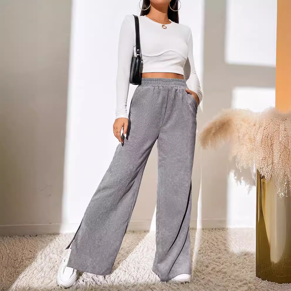 Women's High-Waist Corduroy Pants with Split Hem