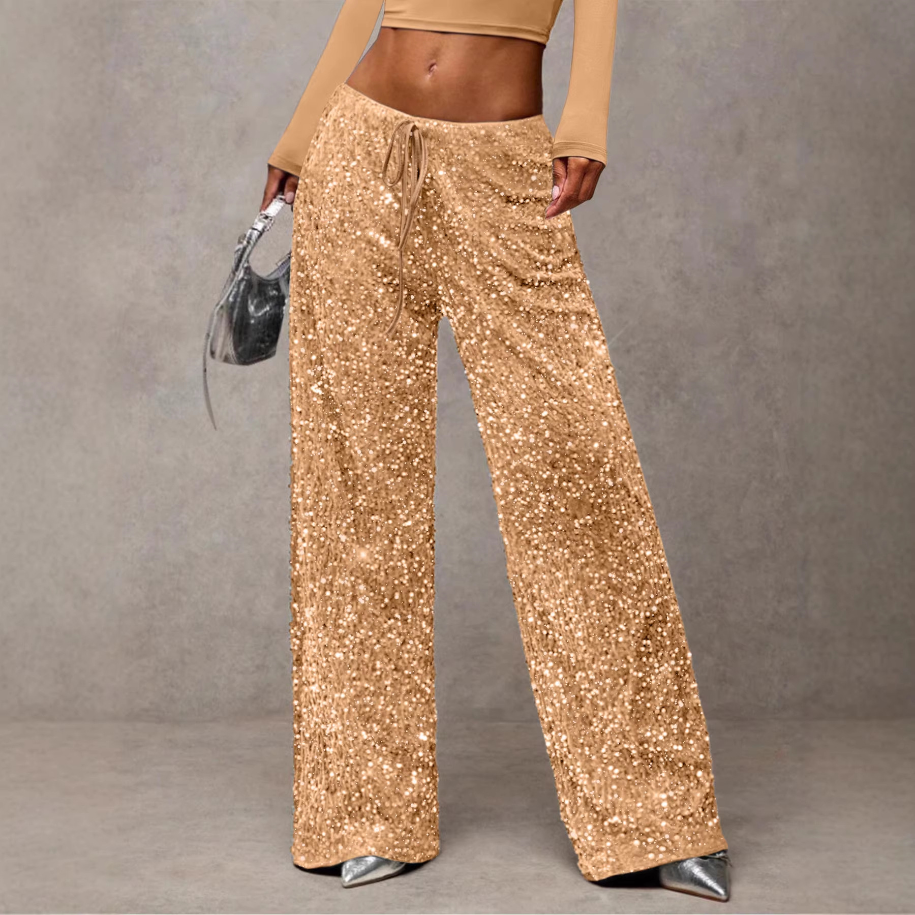Sequin Drawstring Straight Leg Pants Stretch Slimming Women's