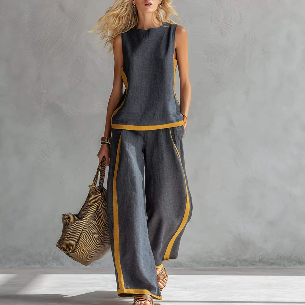 Women's Color-Block Sleeveless Vest & Wide-Leg Pants Set