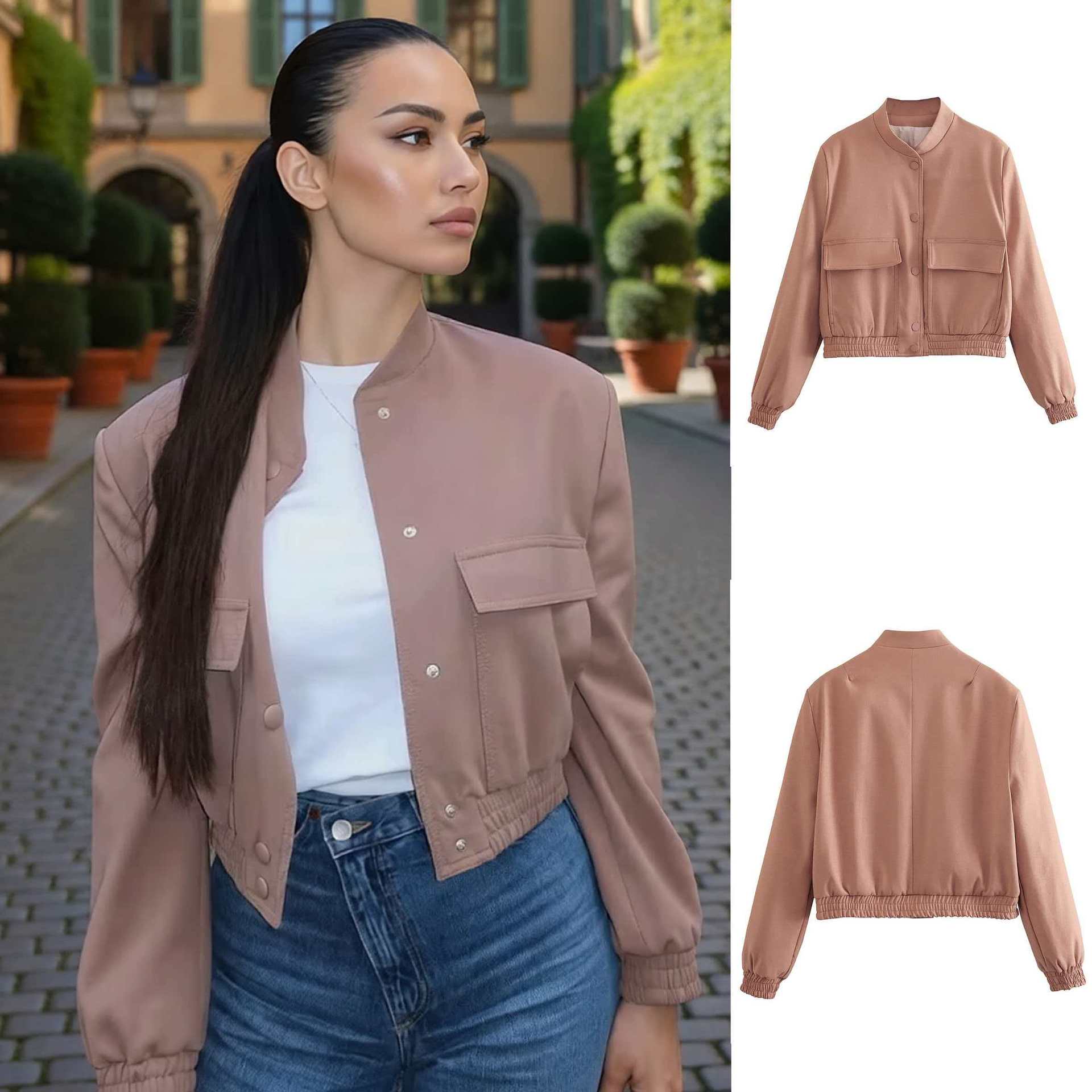 Women's Loose Fit Stand Collar Button Jacket