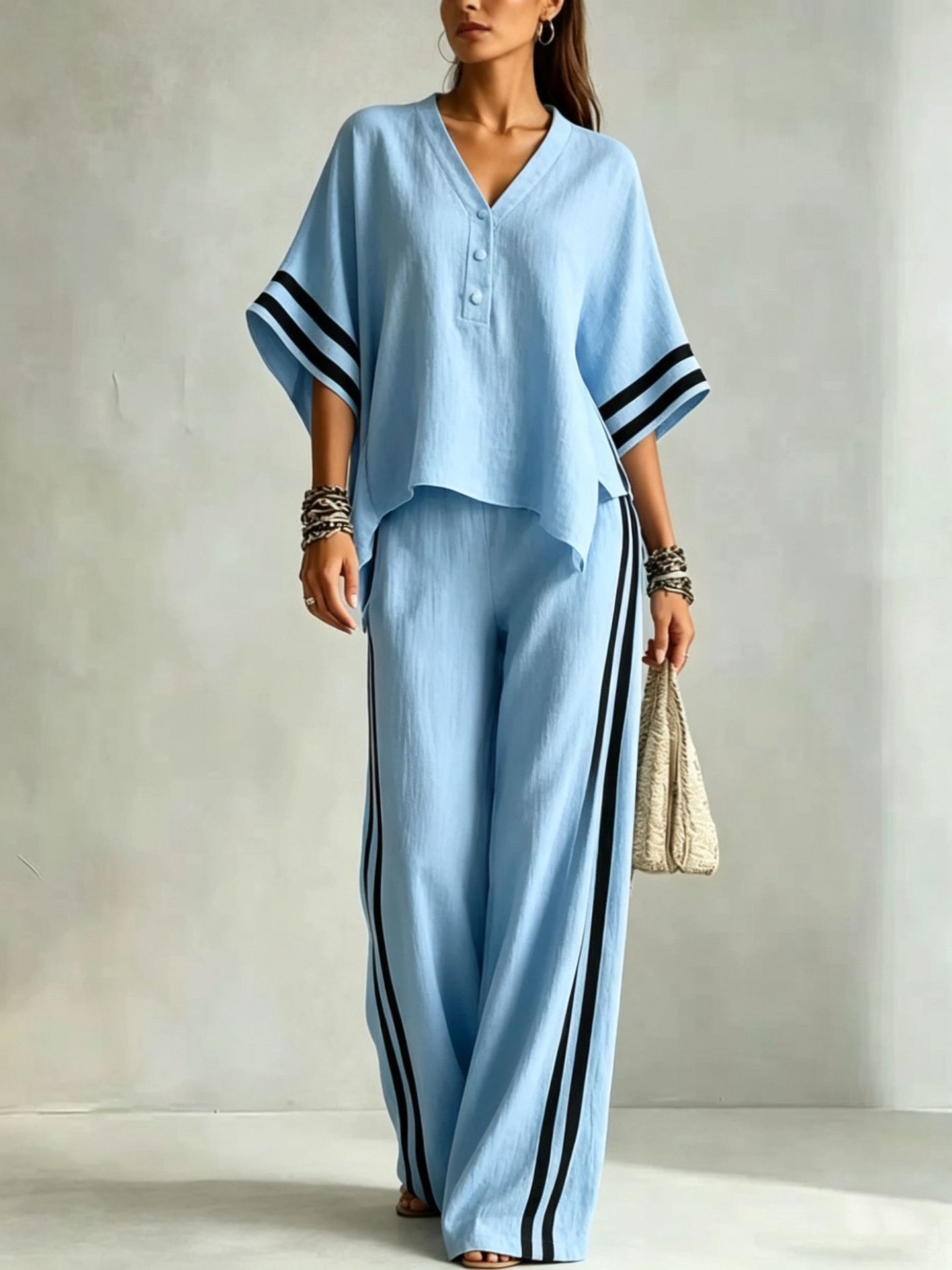Women's V-Neck Short-Sleeve Top & Loose Pants Two-Piece Set