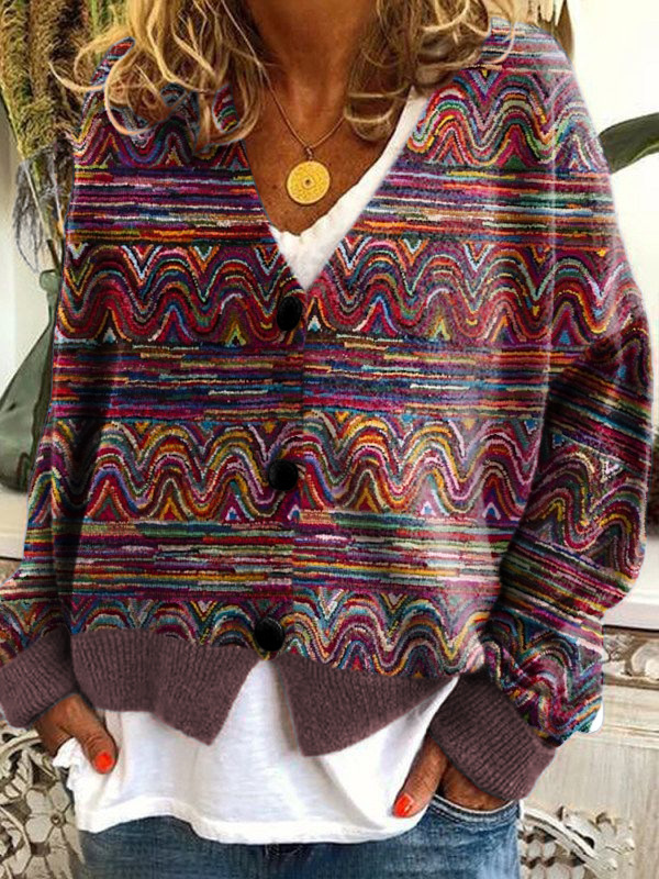 Printed Women's Cardigan Soft Knit Sweater Casual Poncho Coat