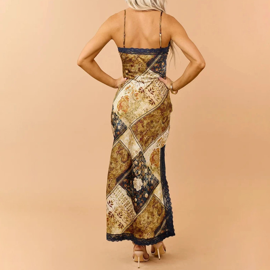 Women's Sleeveless Slip Dress Elegant Floral Print Long A-Line