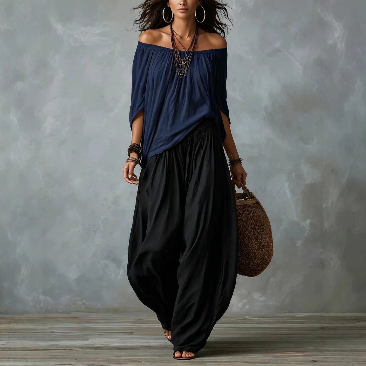 Women's Casual Solid Color Loose Top and Wide-Leg Pants Two-Piece Set