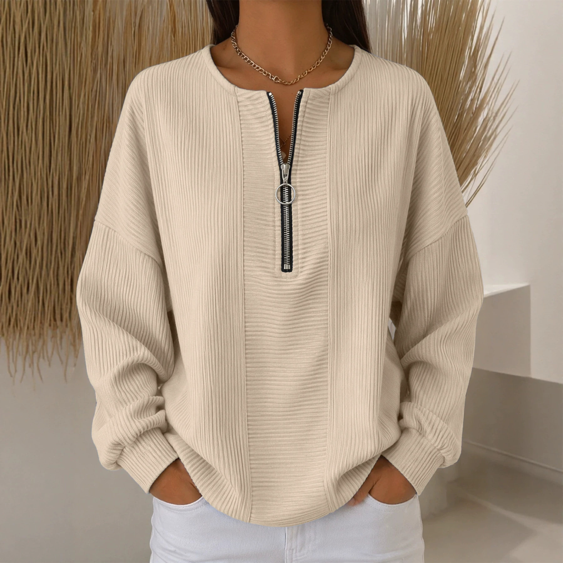 Snake-Textured Half-Zip Crewneck Loose Long-Sleeve Top for Women