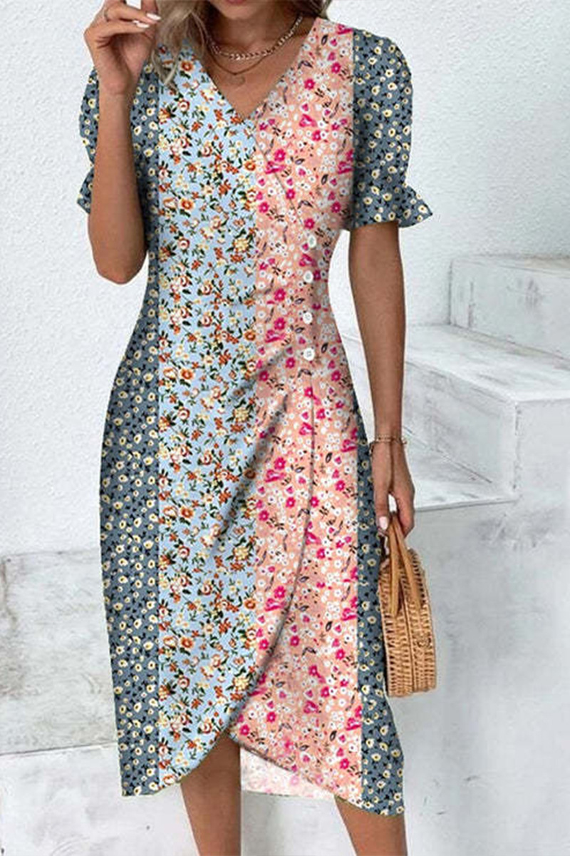Geometric Patchwork Puff Sleeve Asymmetrical Hem Dress