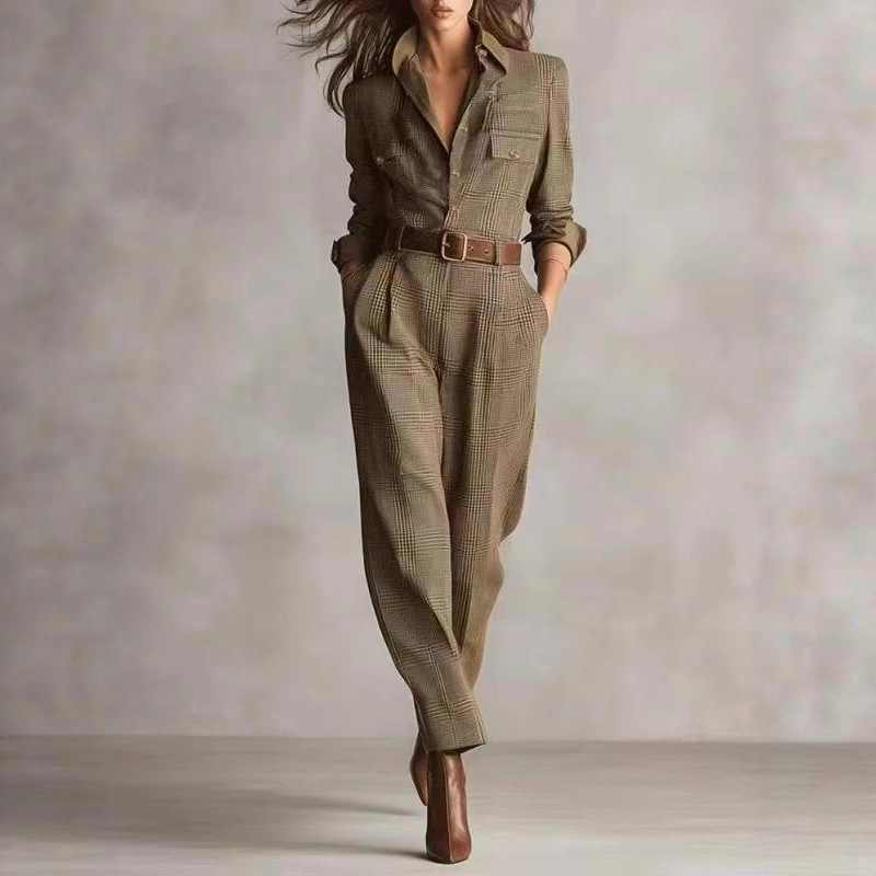 Women's Retro Plaid Cargo Jumpsuit with Wide Leg