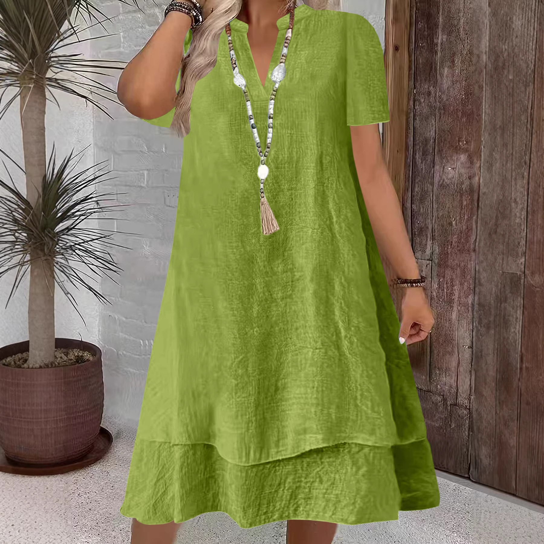 Women's Short Sleeve V-Neck Tiered Midi Dress Casual Loose Solid