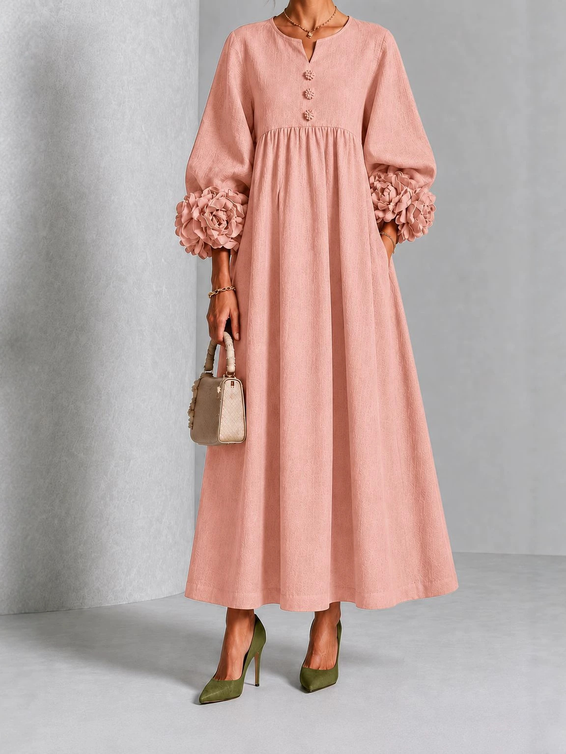 Women's Light Luxury Solid Color Dress with Floral Lantern Sleeves, V-Neck, High Waist, Pleated A-Line Long