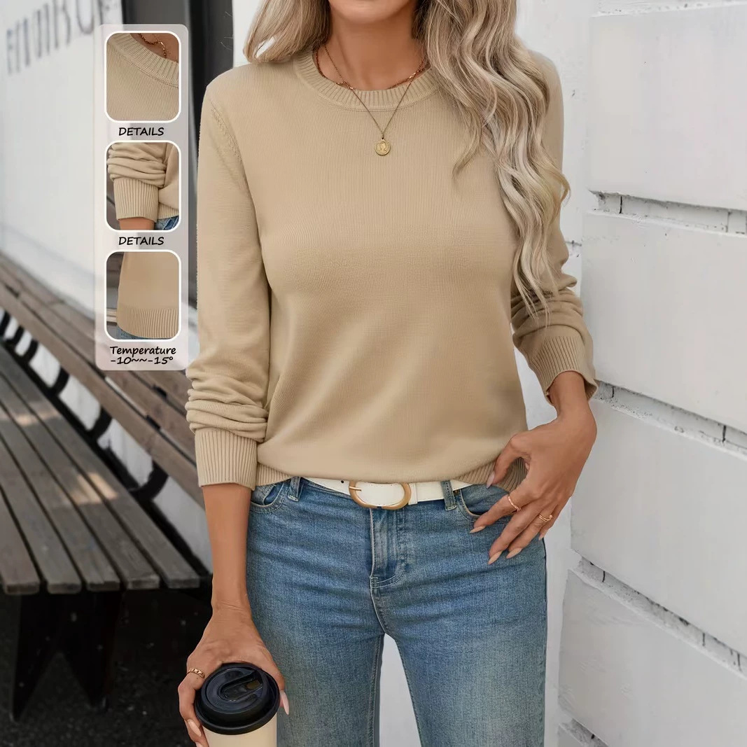 Women's Soft Stretch Crewneck Long-Sleeve Knit Top Solid Color