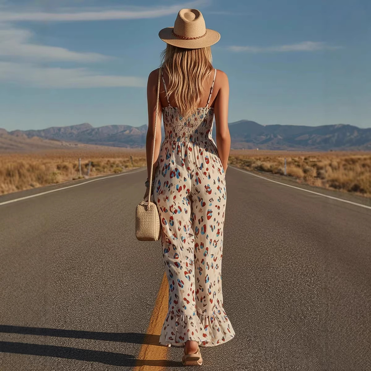 Boho Western Leopard Print White Ruffle Square Neck Chiffon Jumpsuit