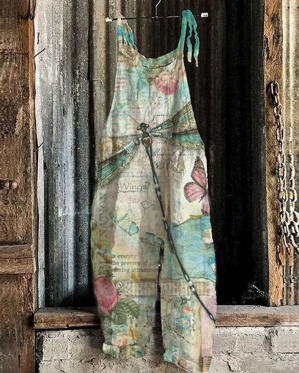 Women's Printed Cotton-Linen Cami Jumpsuit Sleeveless Wide-Leg Beach Romper