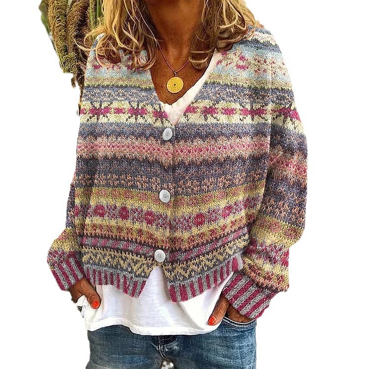 3D Floral Print Cardigan Soft Knit Casual Sweater
