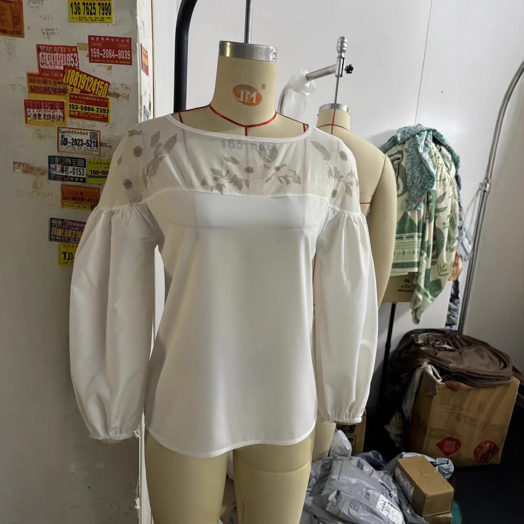 Women's Long Sleeve Round Neck Mesh Panel Digital Print Chiffon Top
