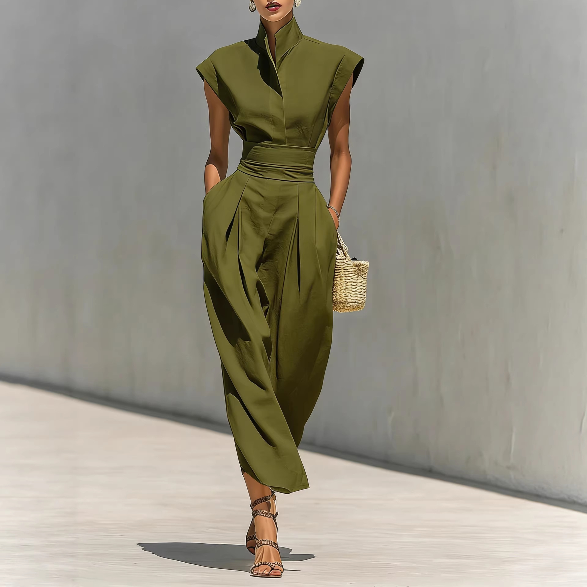 High-Waist Midi Skirt & High-Neck Loose Top Commuter Dress Set
